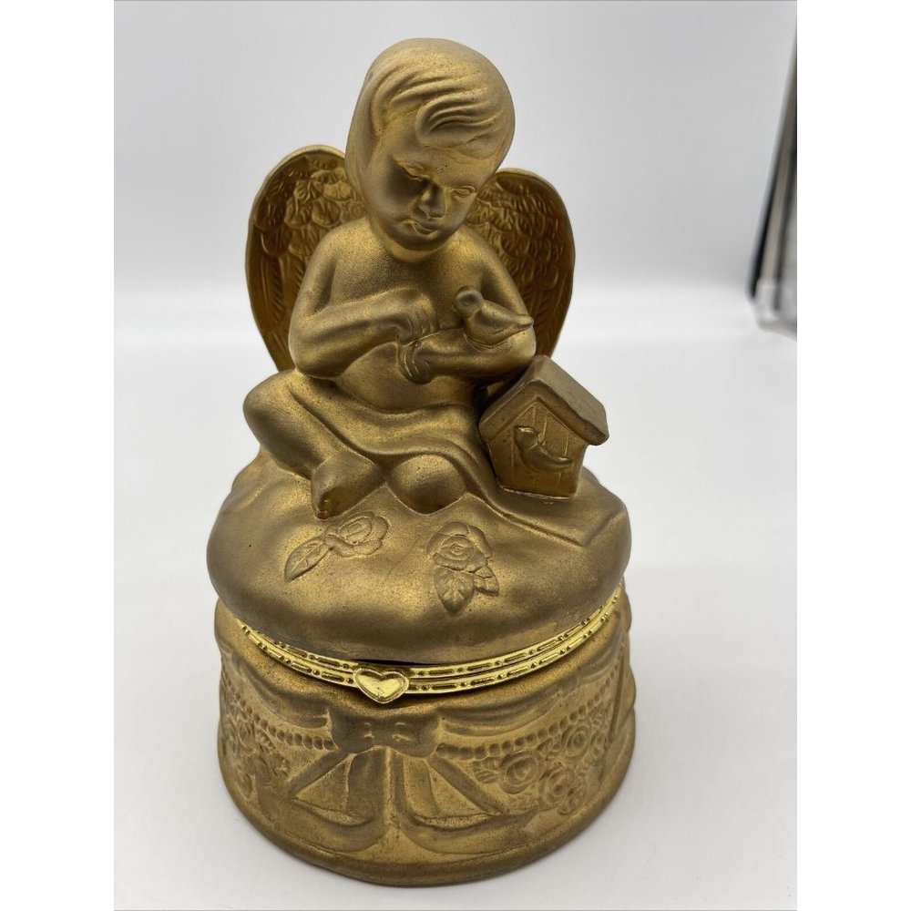 Vintage Gold Trinket Box Hinged Lid SEI Angel Cherub Bird Figurine Porcelain
